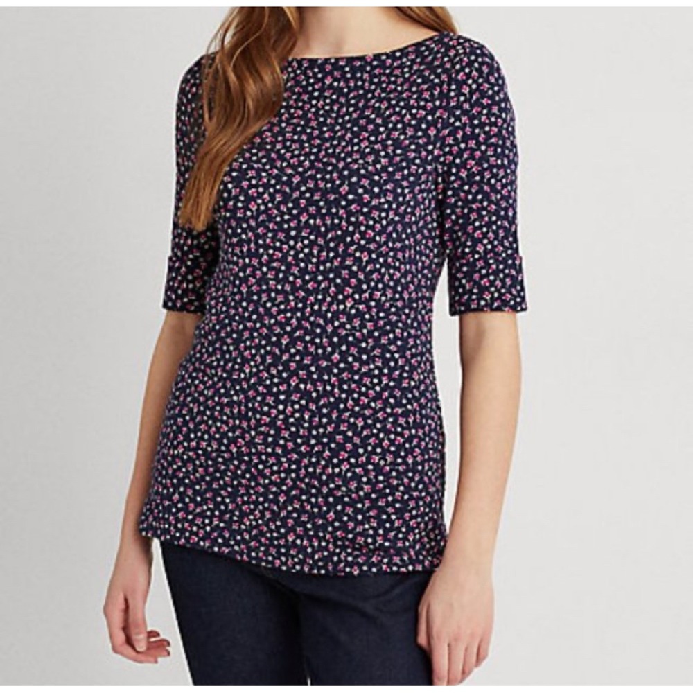 LAUREN Ralph Lauren‎ Womens Navy Pink Floral Boat Neck 3/4 Sleeve Top L G
